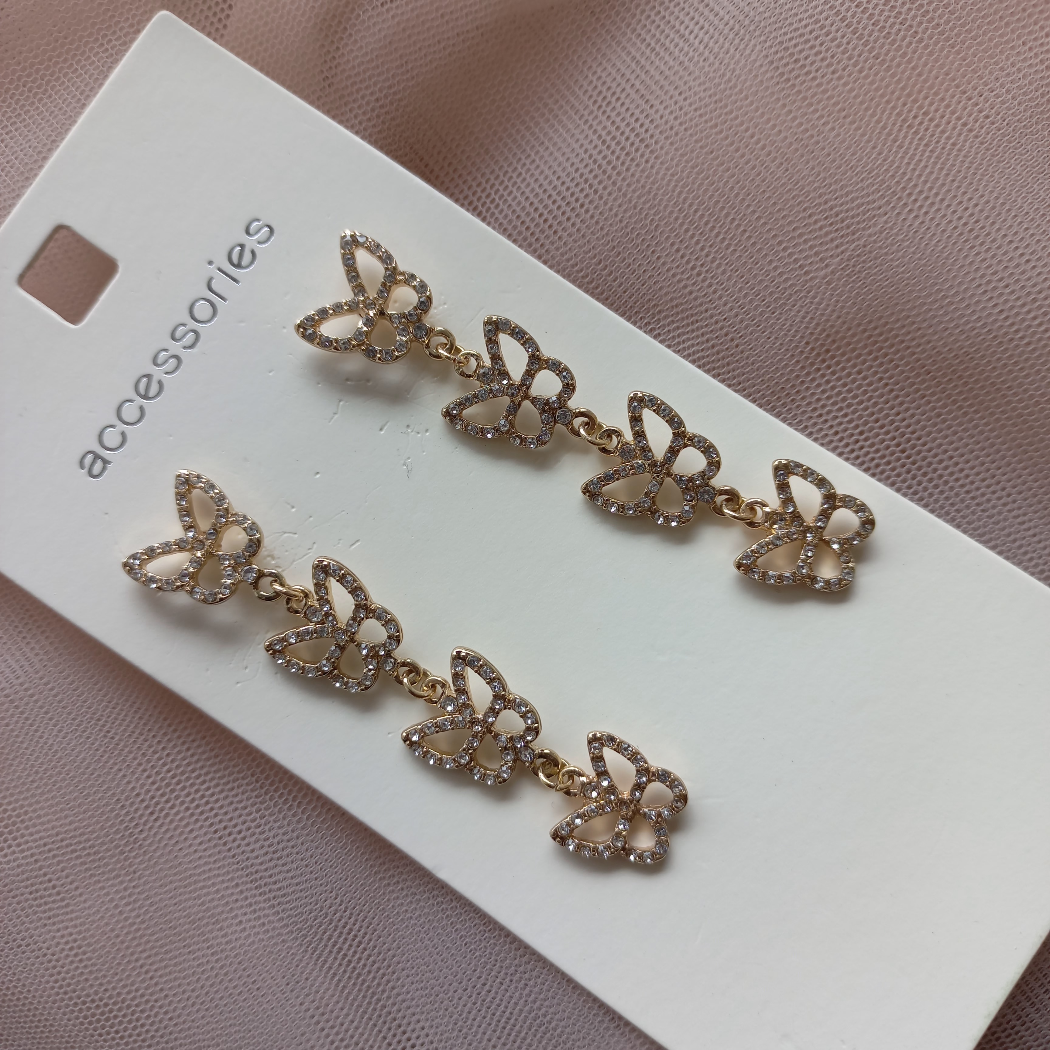 گوشواره زنانه میخی آویز پروانه نگین دار طلایی برند اروپایی accessories ضدحساسیت 