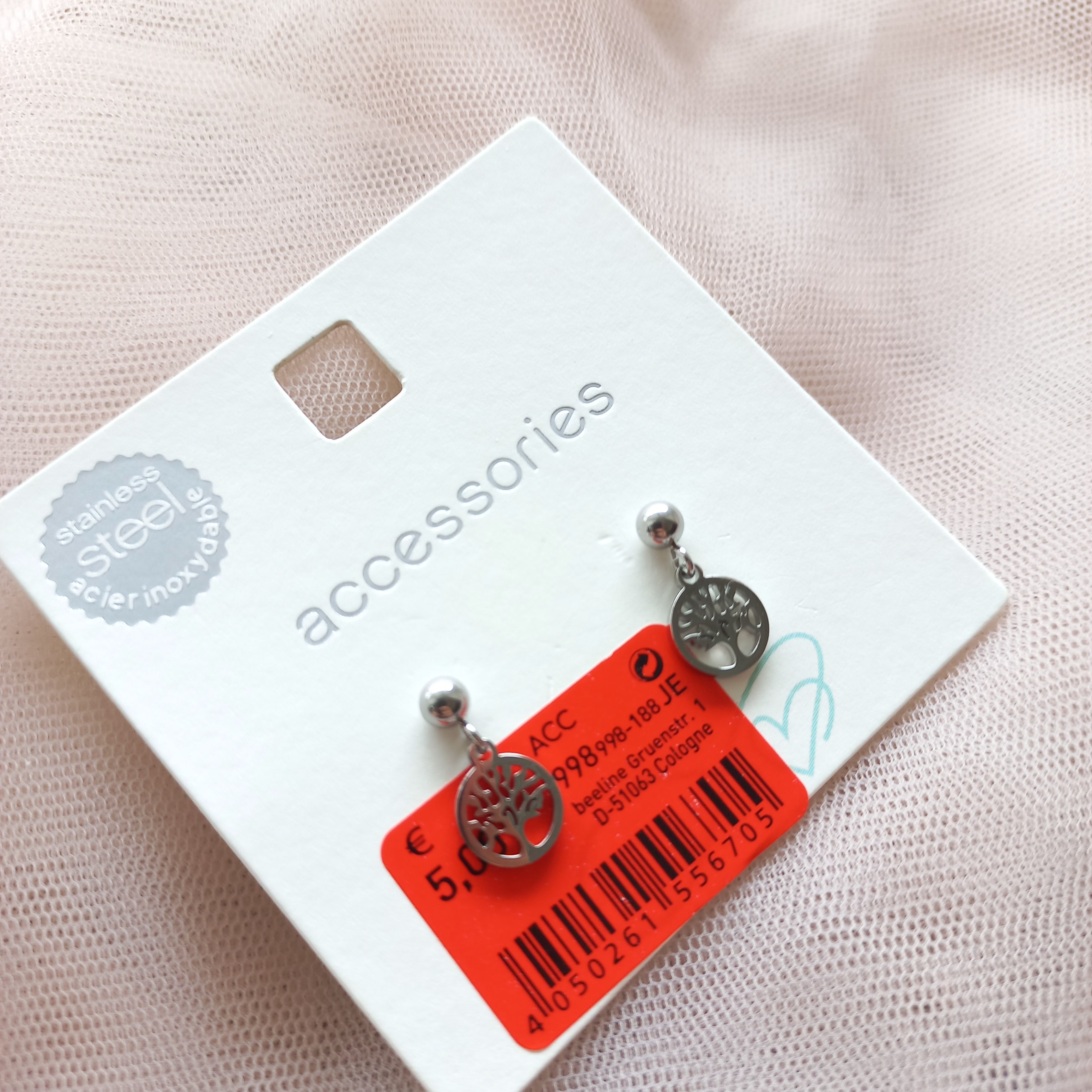 گوشواره زنانه میخی آویز درخت زندگی استیل نقره ای برند اروپایی accessories ضدحساسیت 