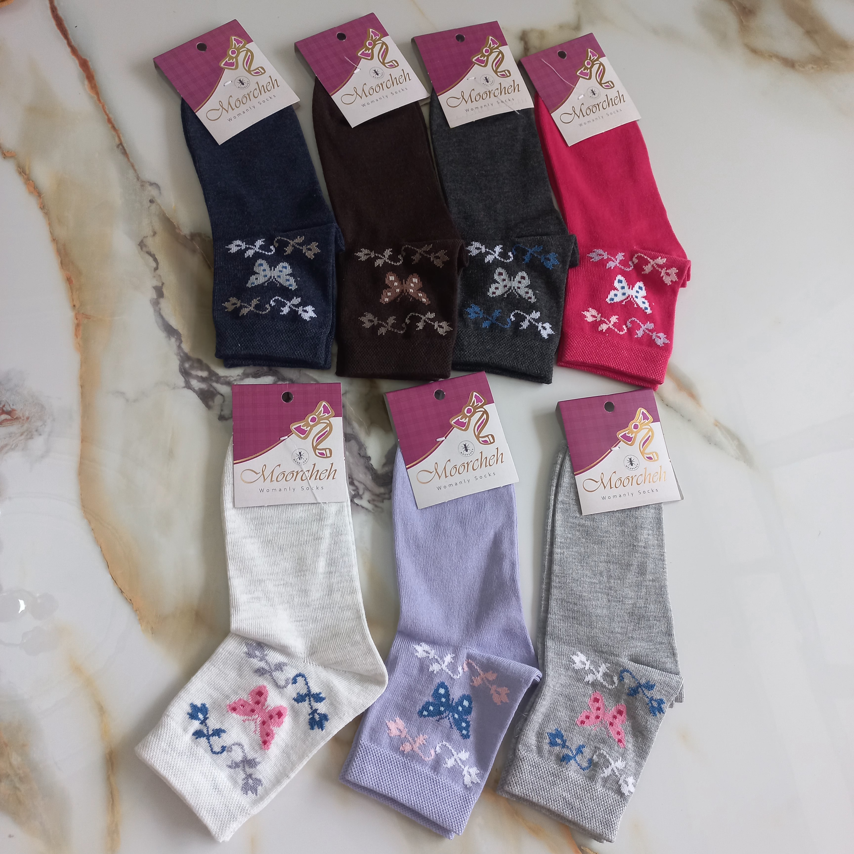 جوراب زنانه ساق بلند نخی طرح پروانه