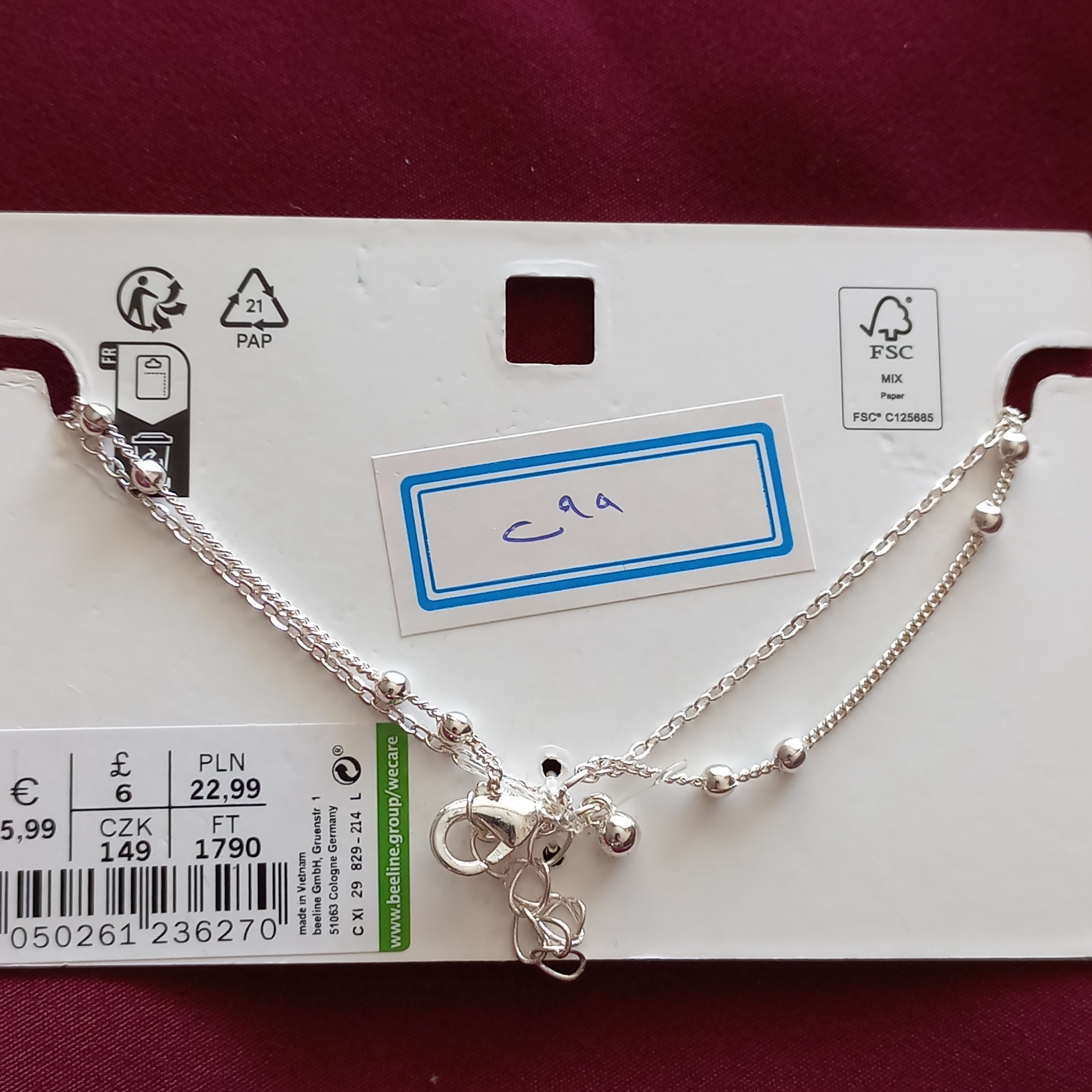پابند زنانه دو ردیف زنجیر آویز قلب نقره ای برند اروپایی ضدحساسیت