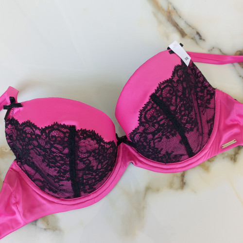 سوتین زنانه اسفنجی فنردار ساتن توری صورتی برند اروپایی Boux AVENUE