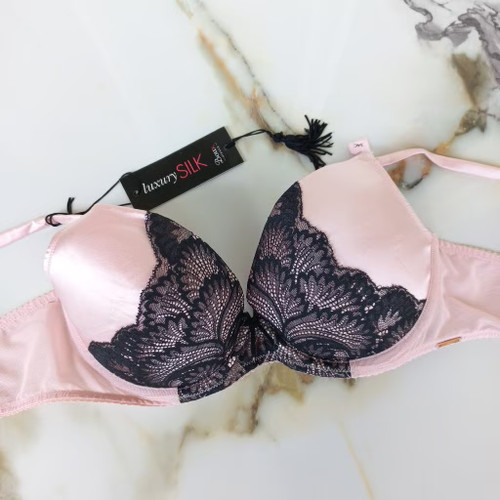 سوتین زنانه اسفنجی فنردار پوشاپ ساتن توری صورتی برند اروپایی Boux AVENUE
