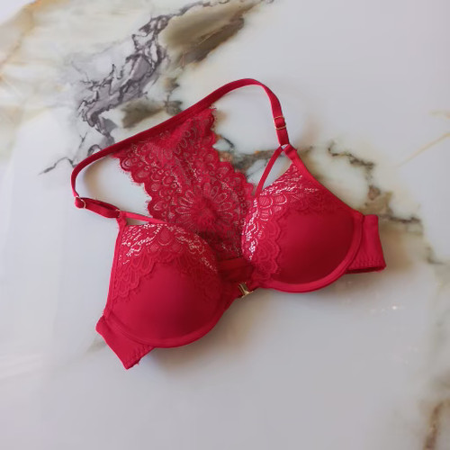 سوتین زنانه اسفنجی پوشاپ فنردار جلوبازشو توری پلی استر قرمز برند اروپایی hunkemöller